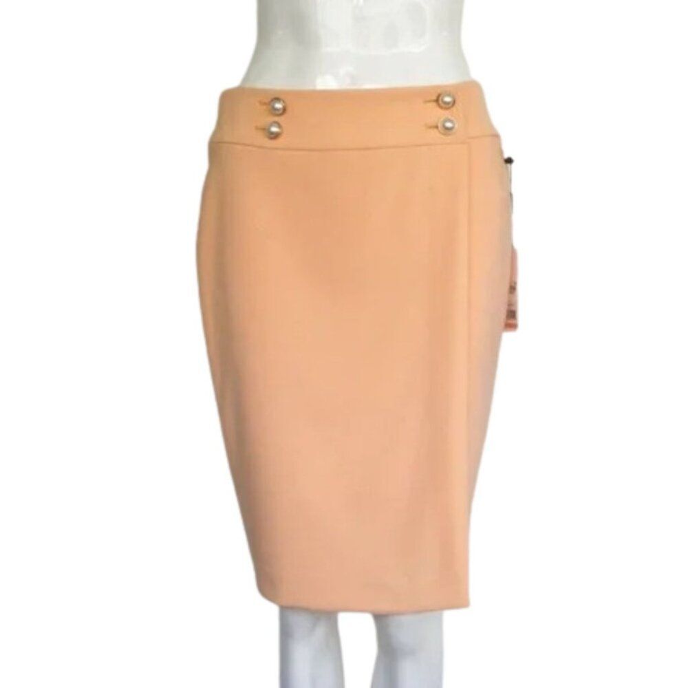 new CALVIN KLEIN Skirt, 2,  Peach, Faux Wrap, Big Button Accent, Back Zipper
